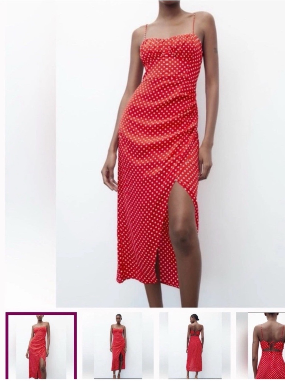 Zara Red Polka Dot Midi Slip Dress with Side Slit